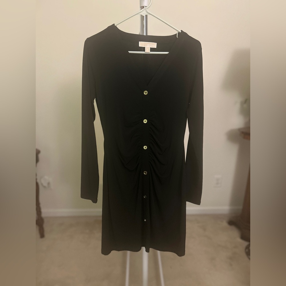 Michael Kors black with gold buttons jersey knit shirt dress